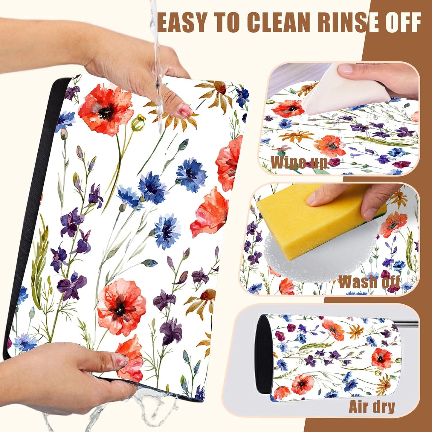 Watercolor Flowers Coffee Mat Daisy Dish Drying Mat for Kitchen Counter Absorbent Hide Stain Rubber Backed Coffee Bar Accessories Fit Under Espresso Machine Dish Drainer 11.8 x 19.7 Inch