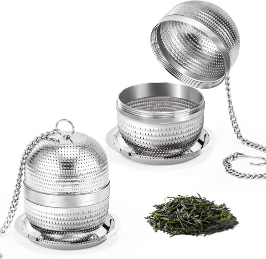 2 Pack Tea Infusers for Loose Tea, Extra Fine Mesh 18/8 Stainless Steel Tea Strainers, Loose Leaf Tea Steeper Tea Ball Tea Diffuser Tea Holder with Extended Chain Hook and Drip Tray