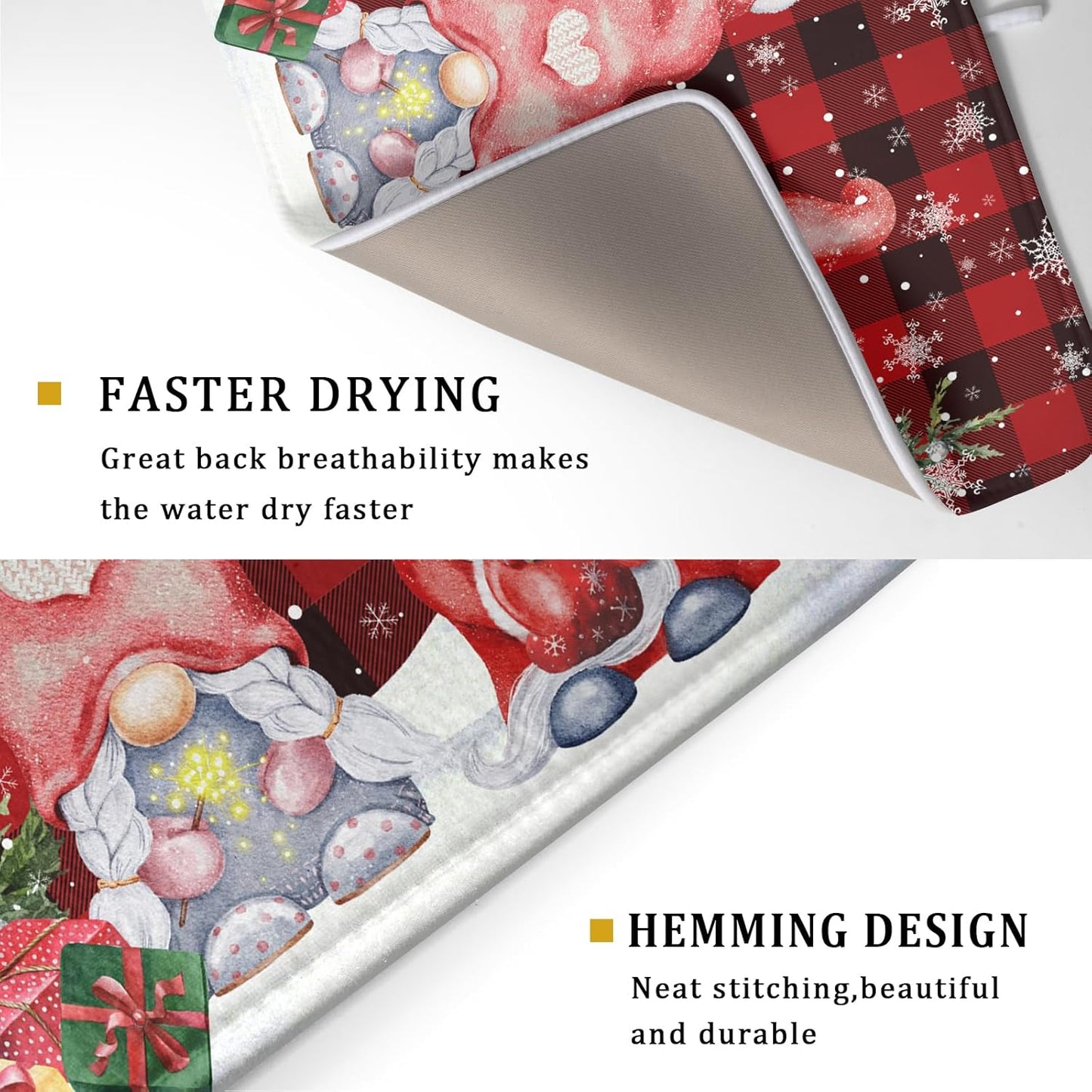 Winter Gnome Dish Drying Mat 18x24 inch Christmas Elf Trees Snowflakes Dish Drainer Mats Large Black Red Buffalo Plaids Fast Drying Absorbent Dish Drying Pad for Kitchen Countertop Holiday Decor