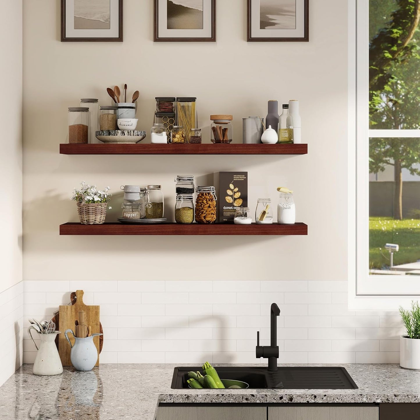 Fun Memories Rustic Real Wood Floating Shelves, 8 Inch Deep Floating Shelf Wall Mounted, 36" W x 8" D Wall Shelves Storage Shelves for Living Room, Bedroom, Bathroom, Red Brown, Set of 2