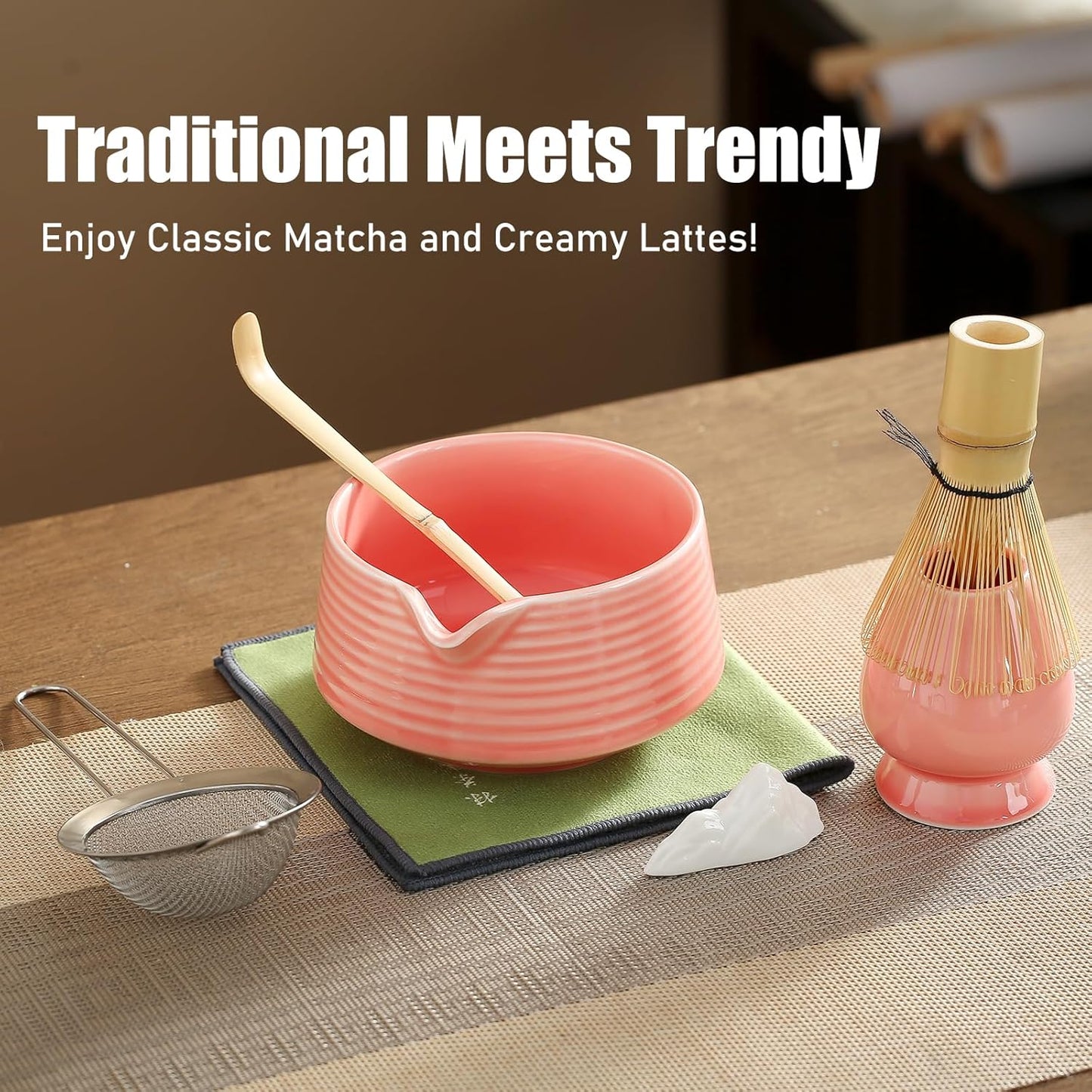 Matcha Whisk Set, Ceramic Matcha Set with Spout, Matcha Bowl Kit with Sifter, Whisk and Holder, Bamboo Scoop, Scoop Rest, Tea Towel, 7 Pcs Matcha Kit Set for Making Breakfast/Latte for Matcha Lovers