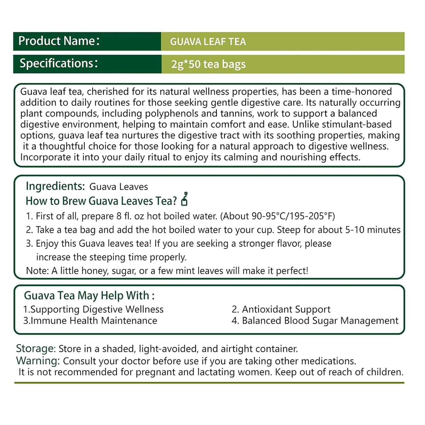 Samcci - Guava Leaves Tea Bags, 50 Teabags - Hojas De Guayaba, Premium Guava Leaf Tea - Immune Support - Digestion & Relaxation - Non-GMO - Caffeine-free