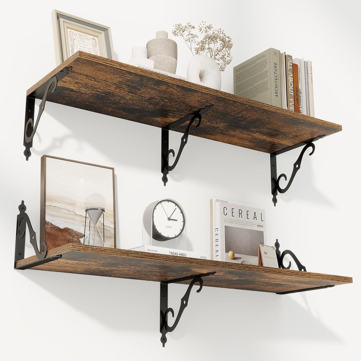 RICHFOCUS 12 Inch Deep Floating Shelves for Wall, 36" W x 12" D Wood Wall Shelves Set of 2, Wide Floating Shelves for Living Room, Bedroom, Kitchen, Bathroom and Decor Storage, Rustic Brown