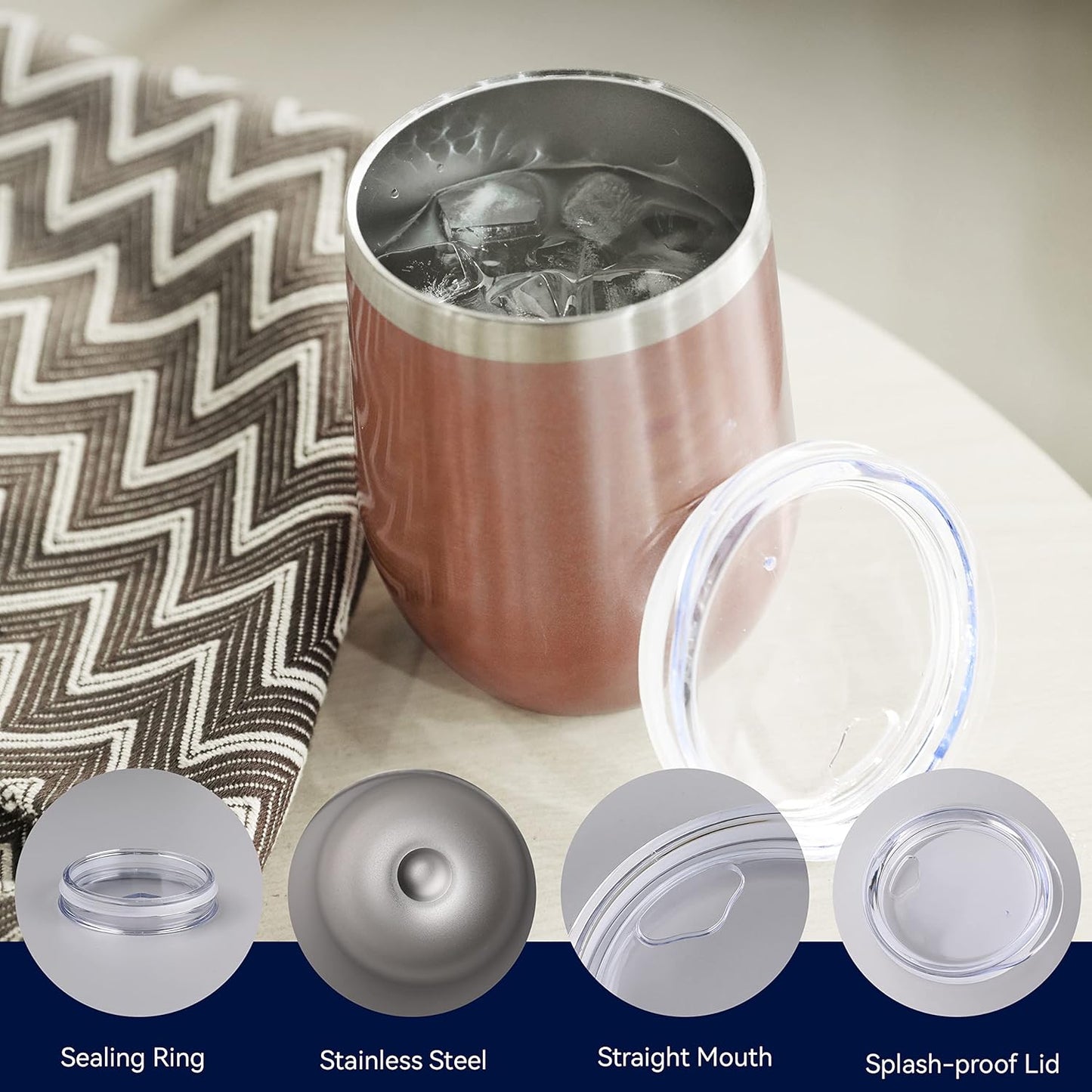 DOMICARE Stainless Steel Wine Tumbler Bulk with Lid, Personalized Rose Gold Insulated Tumblers Set, 12oz Travel Coffee Cups Pack of 1