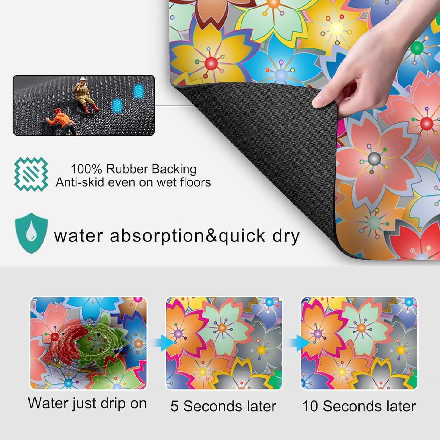 Coffee Mat for Kitchen Counter - Hide Stain Absorbent Dish Drying Mat, Rubber Coffee Bar Mats, Drying Pads, Accessories Fit Under Tea Pot, Cafe Maker, Espresso Machine, Dish Rack, 19"x12", Flowers