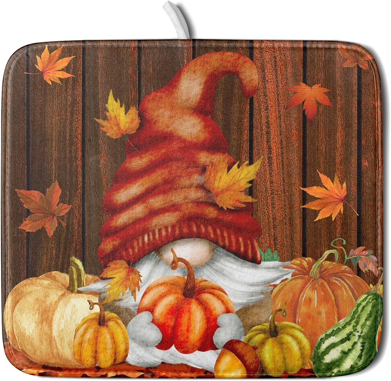 Fall Gnome Dish Drying Mat for Kitchen Counter,Autumn Pumpkin Maple Leaves Drying Mat 16 x 18 Inch Microfiber Dark Brown Wood Dish Drying Pad Dish Rack Drainer Mat Thanksgiving Day Decor