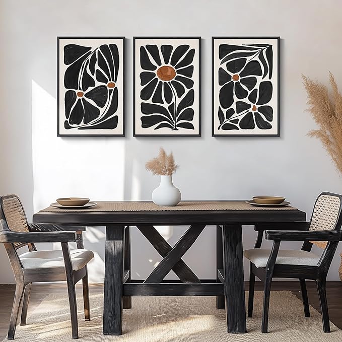 Large Framed Black and White Boho Floral Wall Art, 3 Piece Vintage Botanical - Image 4