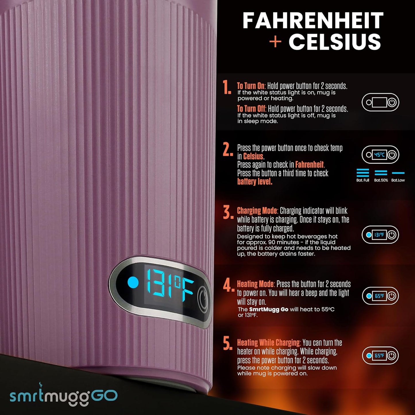 GO Heated Coffee Mug, Travel Mug, 13.5 OZ. Smart Mug, Battery Powered Heated Coffee Mug, Great for Coffee and Tea, Snap on Magnetic Charging Cord, New and Improved (Lilac)