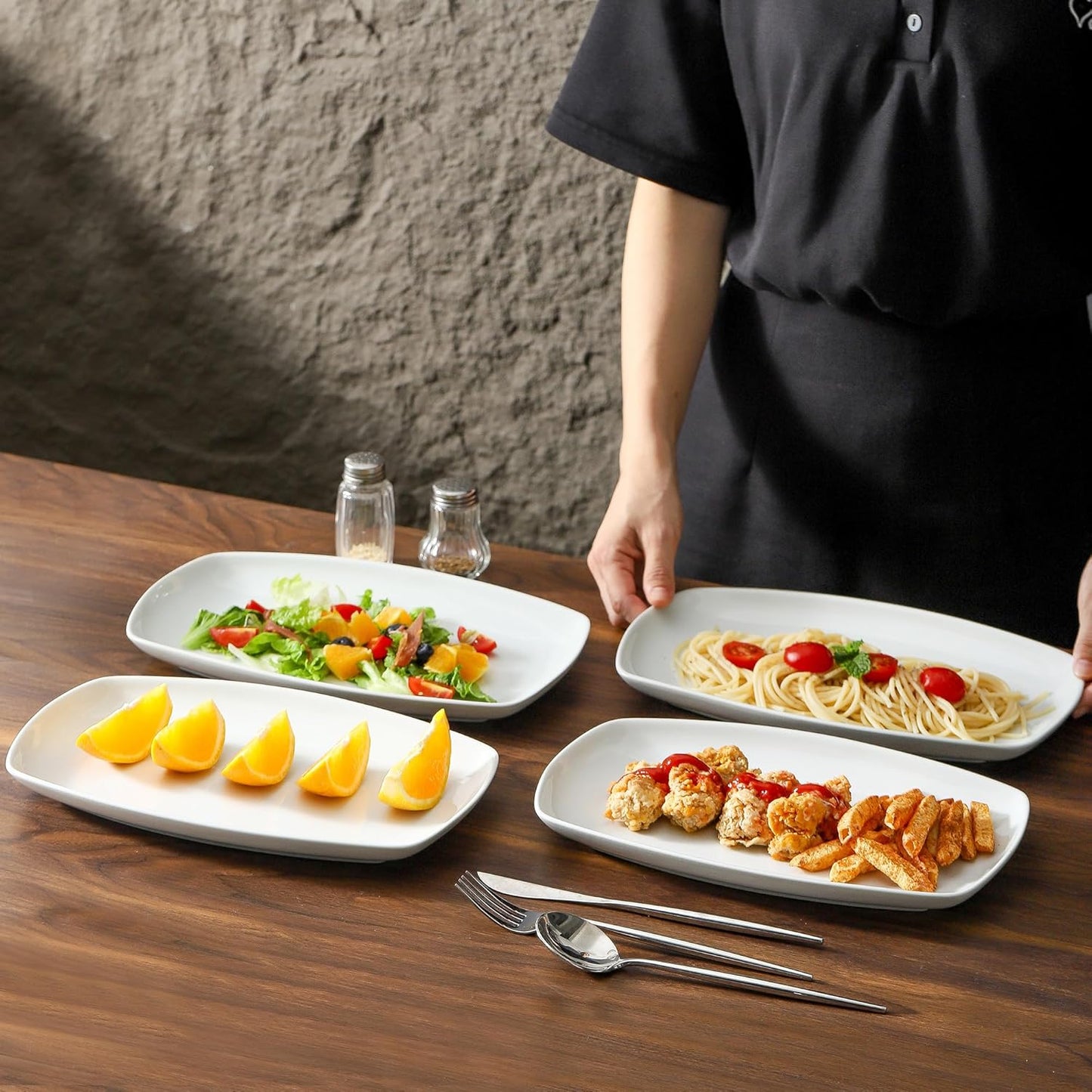 fMBB White Rectangular Plate Set, Ceramic Large Serving Platters, 12 Inch Dessert Trays for Party, Entertaining, Food, Appetizers, Dishwasher and Oven Safe Salad Dishes Set of 4