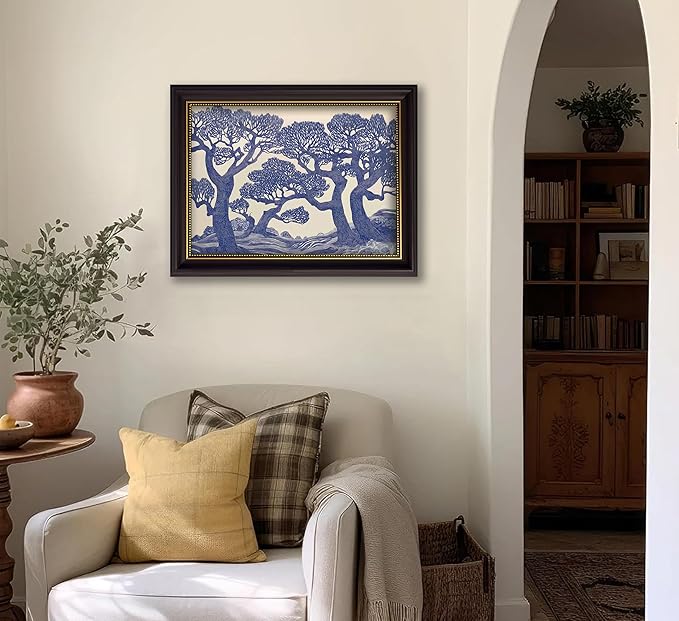 Vintage Gold Framed Wall Art Oak Tree Forest Painting Canvas Prints Blue - Image 8