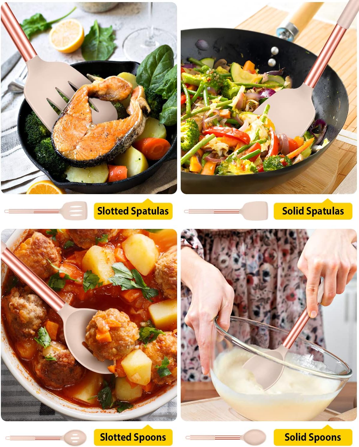 Pack of 4 Silicone Cooking Utensils Set, Non Stick Large Solid Spatulas, Heat Resistant Rose Gold Khaki Slotted Spoons, Ideal BPA Free Kitchen Turners for Frying, Mixing,Serving,Draining,Turning