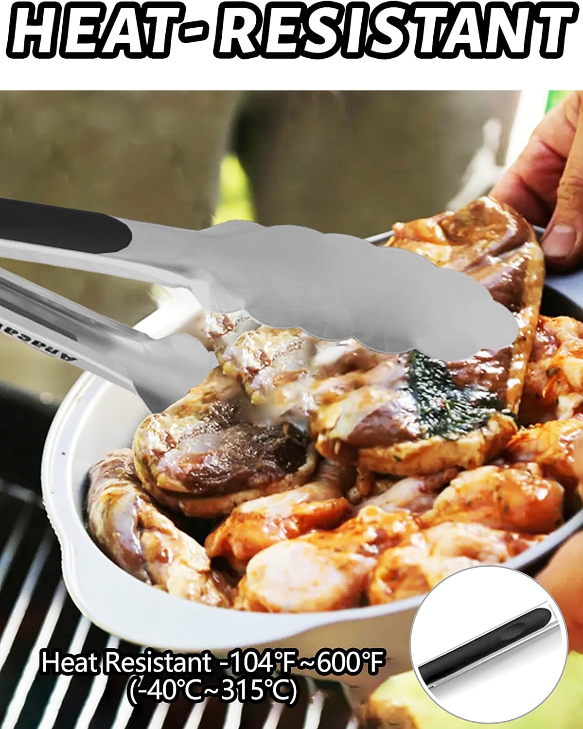 Anaeat 7" Mini Cooking Tong Stainless Steel - Sturdy Coiled Spring Locking Kitchen Food Tong with Non-Slip Silicone Grip for Serving, Cooking, Baking - Heat Resistant up to 480°F (Black)