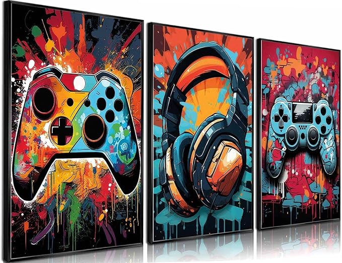 PPV 3Pcs Cool Gaming Wall Art Retro Video Gamer watercolor Posters Pictures by PPV