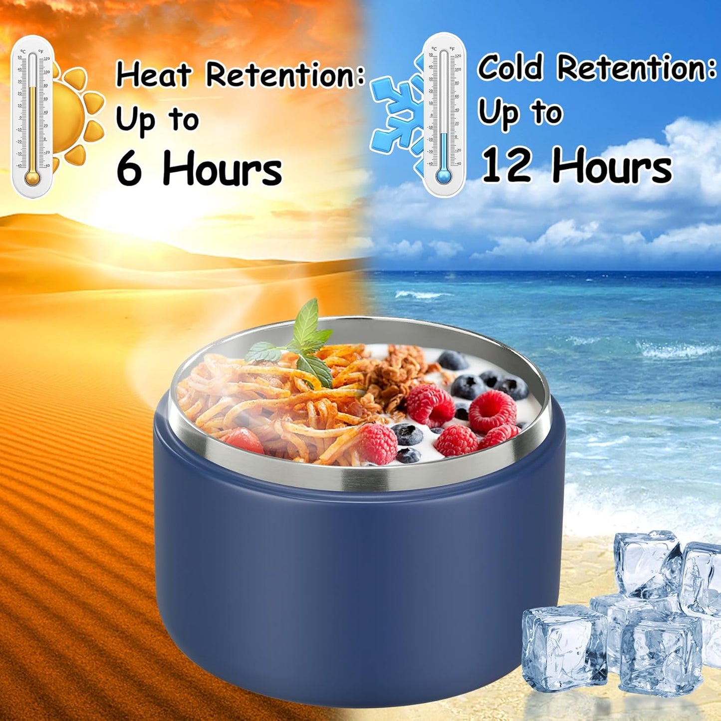 12oz Insulated Vacuum Food Jar with Buckle Lid Wide Mouth Soup Thermo for Hot Food Kids Leakproof Stainless Steel Lunch Container- Blue 1 Pack