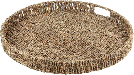 Round Ottoman Tray Large Wicker Serving Tray with Handles for Coffee Table, 18 Inch Handwoven Natural Seagrass Tray