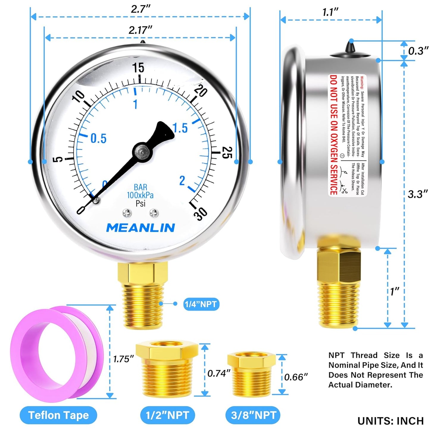 MEANLIN MEASURE 0~30Psi Stainless Steel 1/4" NPT 2.5" FACE DIAL,Liquid Filled Pressure Gauge,WOG Water Oil Air Lower Mount (Pack of 2), with 1/4" x 1/2" NPT and 1/4" x 3/8" NPT Hex Bushing