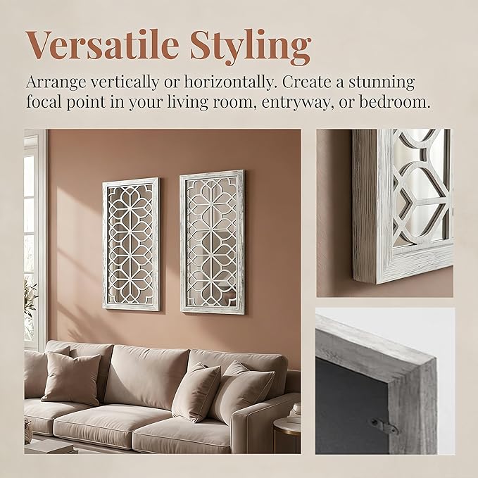 Set of 2 13x30 Inch Large Grey Shatterproof Carved Floral Wood Frame Wall - Image 4