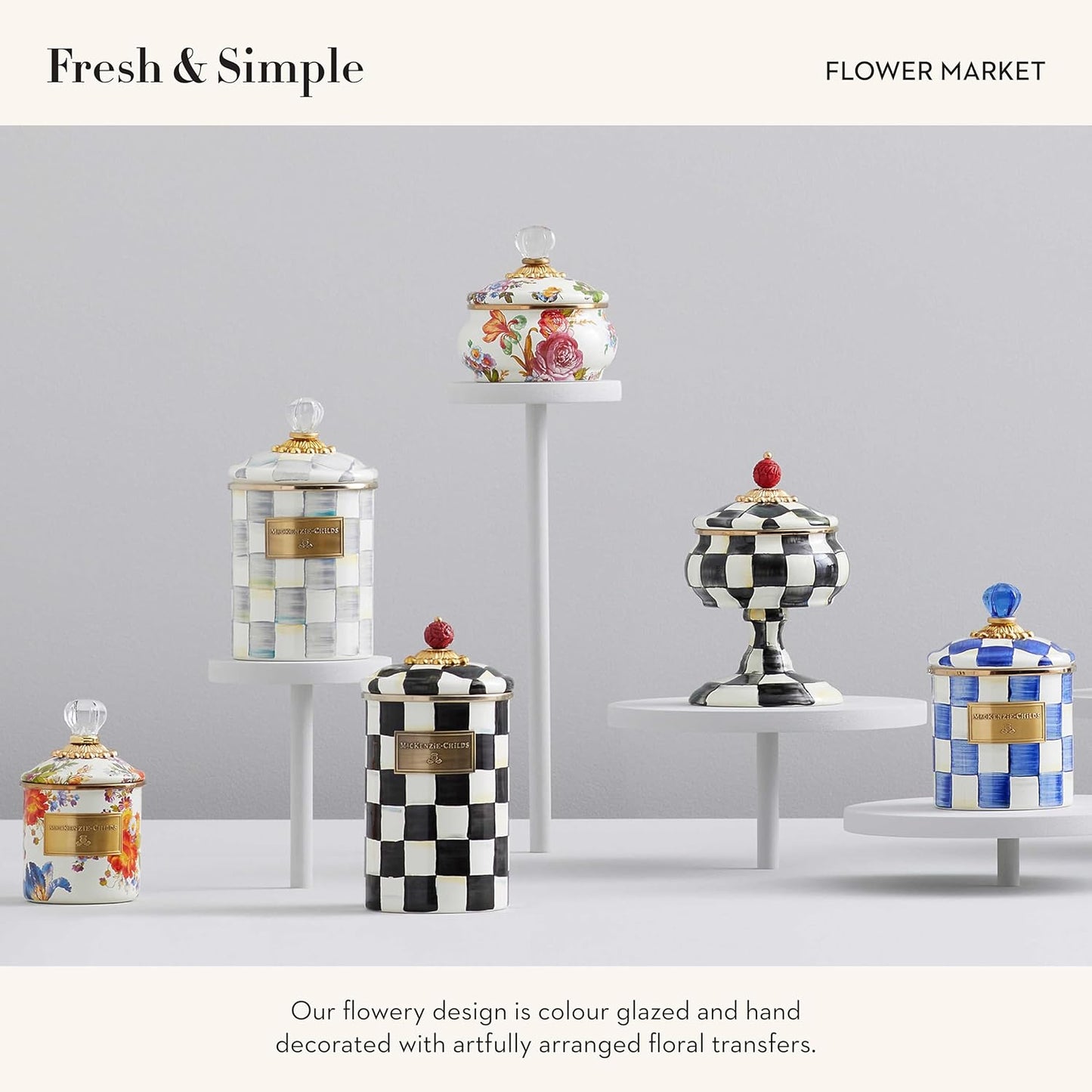 MACKENZIE-CHILDS Enamel Squashed Pot, Cute Enameled Container with Lid, 20 Ounces, White Flower Market