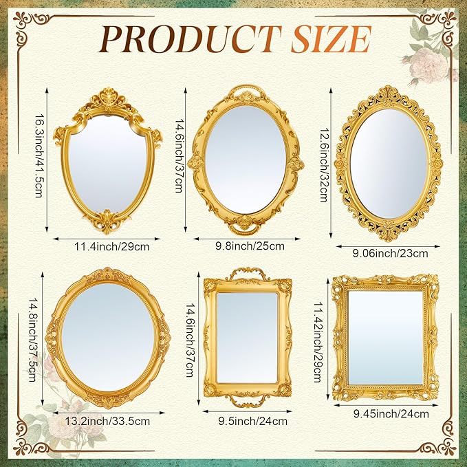Beeveer 6 Pcs Vintage Gold Mirrors Set Decorative Hanging Wall Decor - Image 2