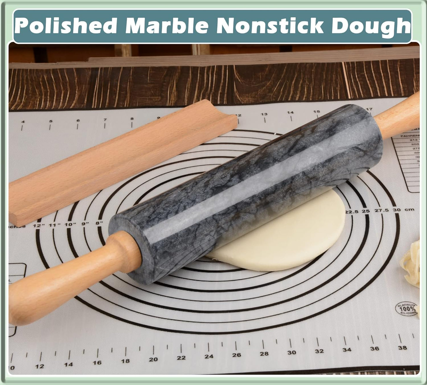 Marble Rolling Pin with Wooden Cradle Thick Handle Set for Baking,18.5 inch Premium Quality Polished Roller for Pizza Dough,Fondant,Pie Crust,Non-Stick Surface Easy to Clean(Black)