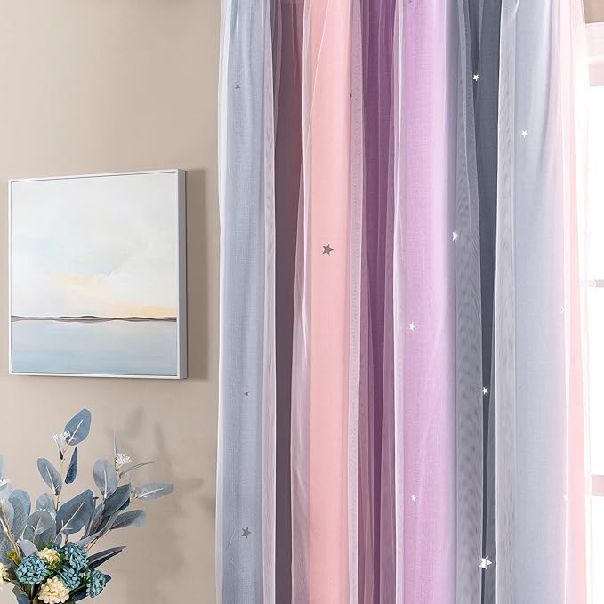 XiDi Curtains for Bedroom Decor, Rainbow GreyPinkPu-34-90 - Image 2