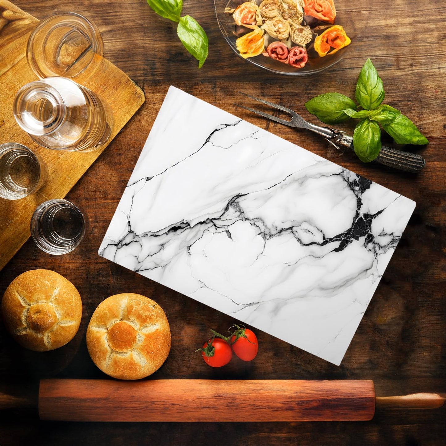 White Black Agate Marble Kitchen Glass Cutting Board Ocean Decorative Gift Marbled Granite Stone Rock Gift For Her Mom Wife (White Black)