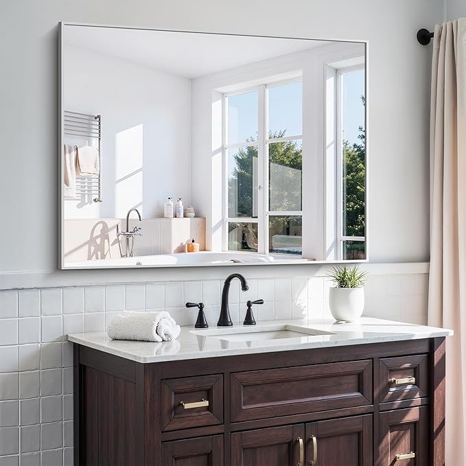 KOCUUY Silver Bathroom Mirror, HD Tempered Glass, Anti-Rust Brushed Silver Frame by KOCUUY