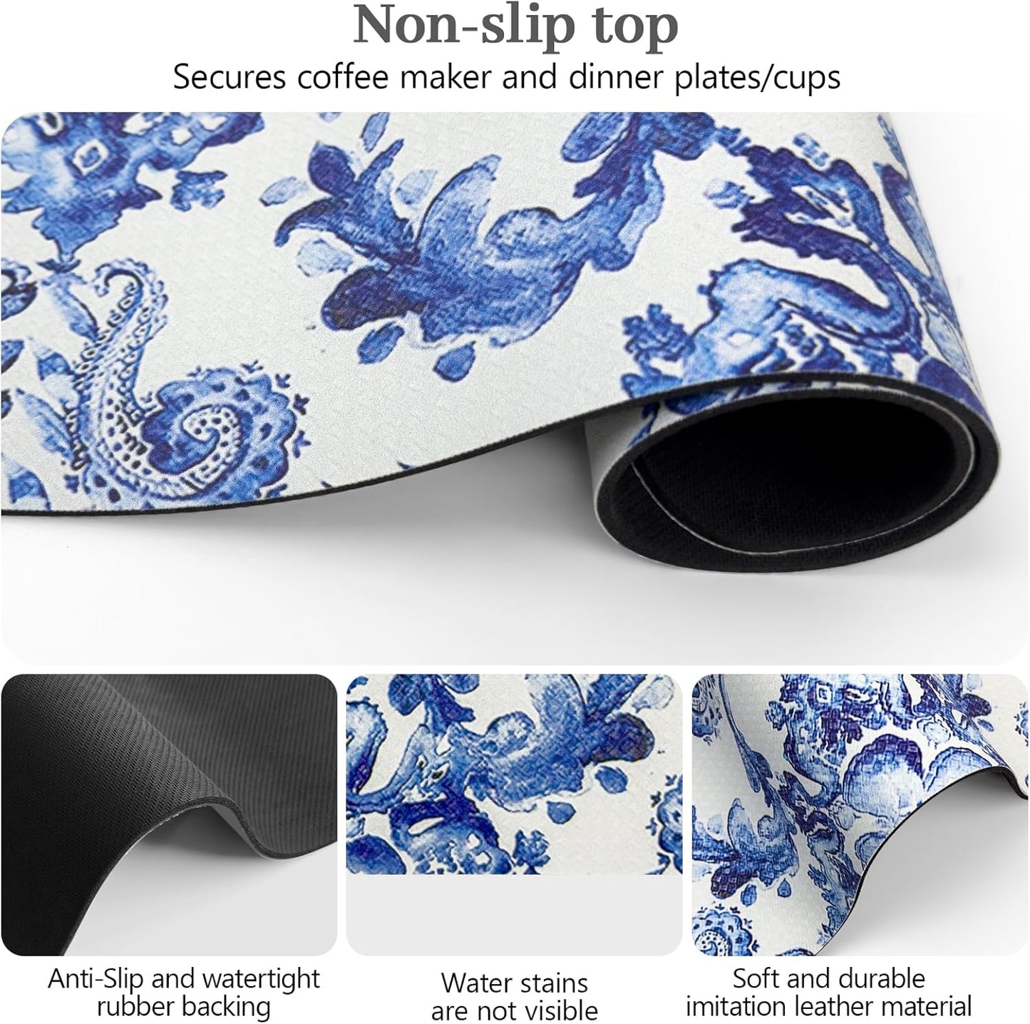 Bloss Dish Drying Mat, 12.2"x19.7" Absorbent Coffee Bar Mat with Waterproof Rubber Back, Fit Under Coffee Maker Machine/Kitchen Counter(Ink Cyan Flower)