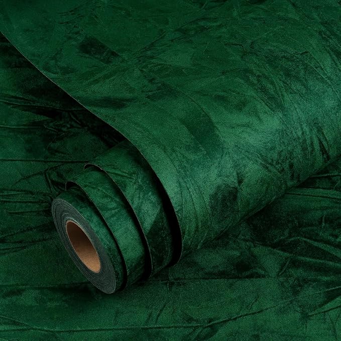 YENHOME 30"X393" Dark Green Velvet Wallpaper Peel and Stick Vintage Green by Yenhome