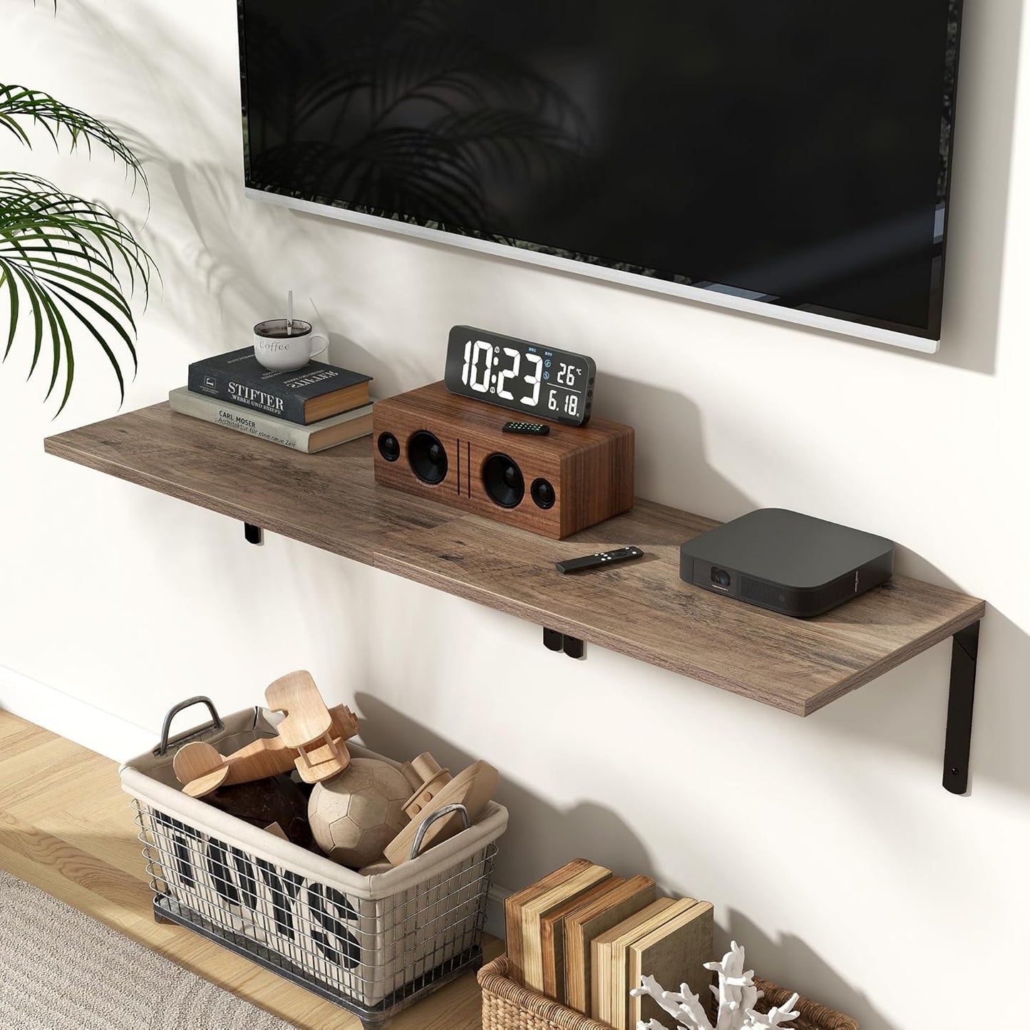 Fun Memories Floating Shelves for Wall, 12 Inch Deep Floating Shelves Set of 2, Wall Mounted Shelf with Metal Brackets, Rustic Wood Wide Shelf for Bathroom, Kitchen and Living Room, Grey, 24W x 12D