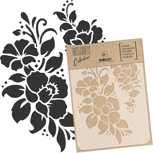 NAKLEO Painting Stencil for Crafts A4 8.3” x 11.8”, Flowers Frame Floral Pattern, Reusable Plastic DIY & Scrapbooking Drawing Template, Decoupage Art Home Decor, Wall Wood Fabric Furniture