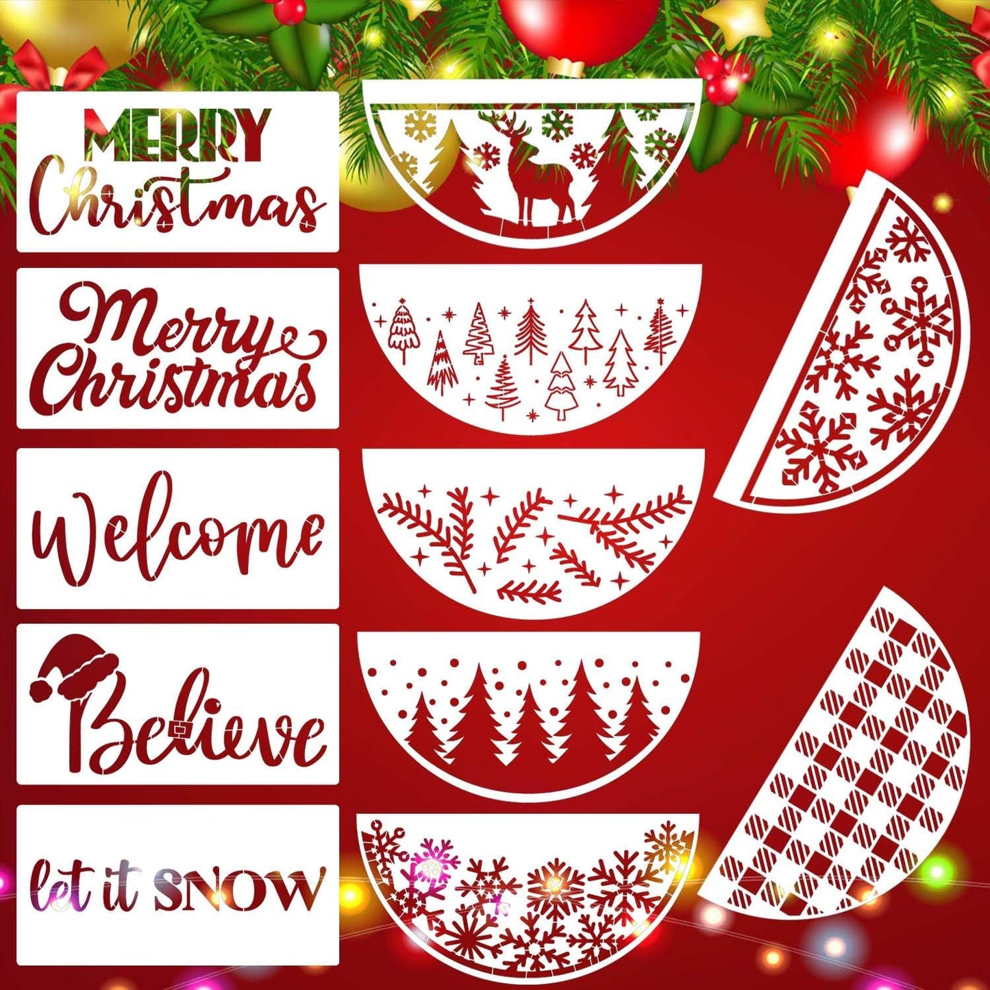 Christmas Stencils 12” Xmas Stencil for Wood Christmas Stencil for Painting Holiday Stencils Merry Christmas Believe Drawing Templates Half Round Stencil for Door Hanger Porch Wreath Home Decor