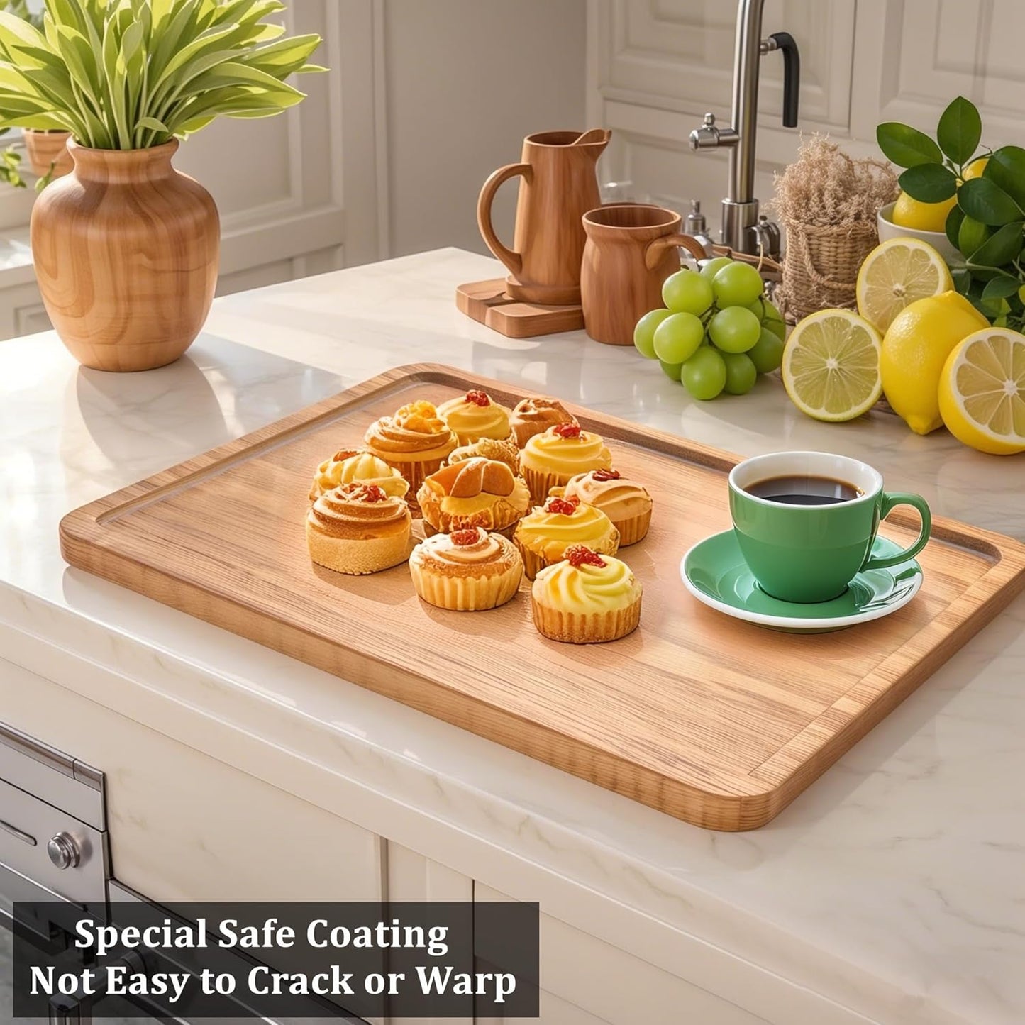 Wood Tray for Coffee Tea Extra Large Wooden Serving Tray for Food Fruit Snack Decorative Serving Platter, 17.7x13.8 Inches