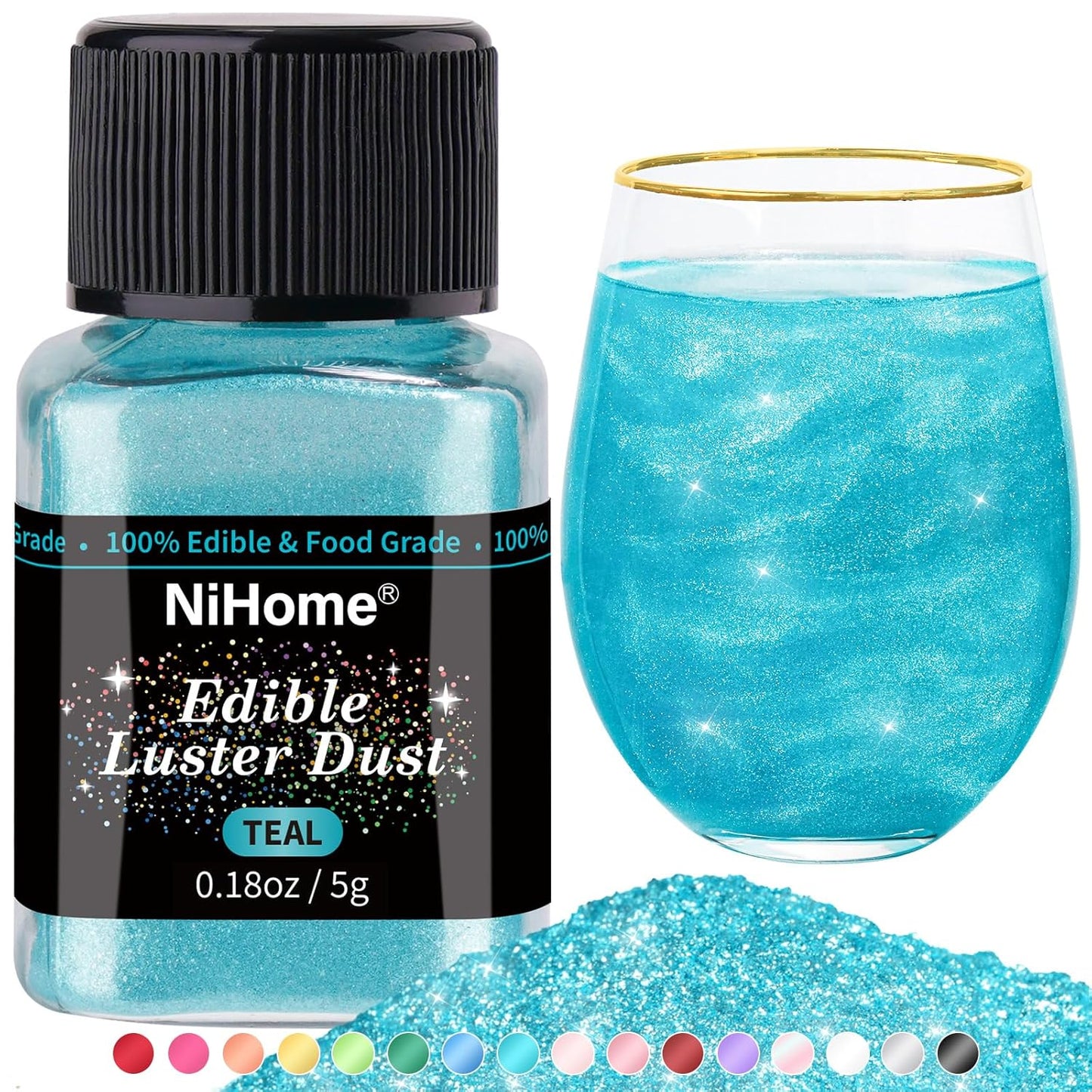 NiHome Edible Food-Grade Glimmer Powder Glitter Luster Dust Metallic Food Decorating Sprinkle Glimmery Dust for Drink Wine Beverage Cake Candy Dessert Bakery Restaurant Vegan (0.18oz/5g, Teal)