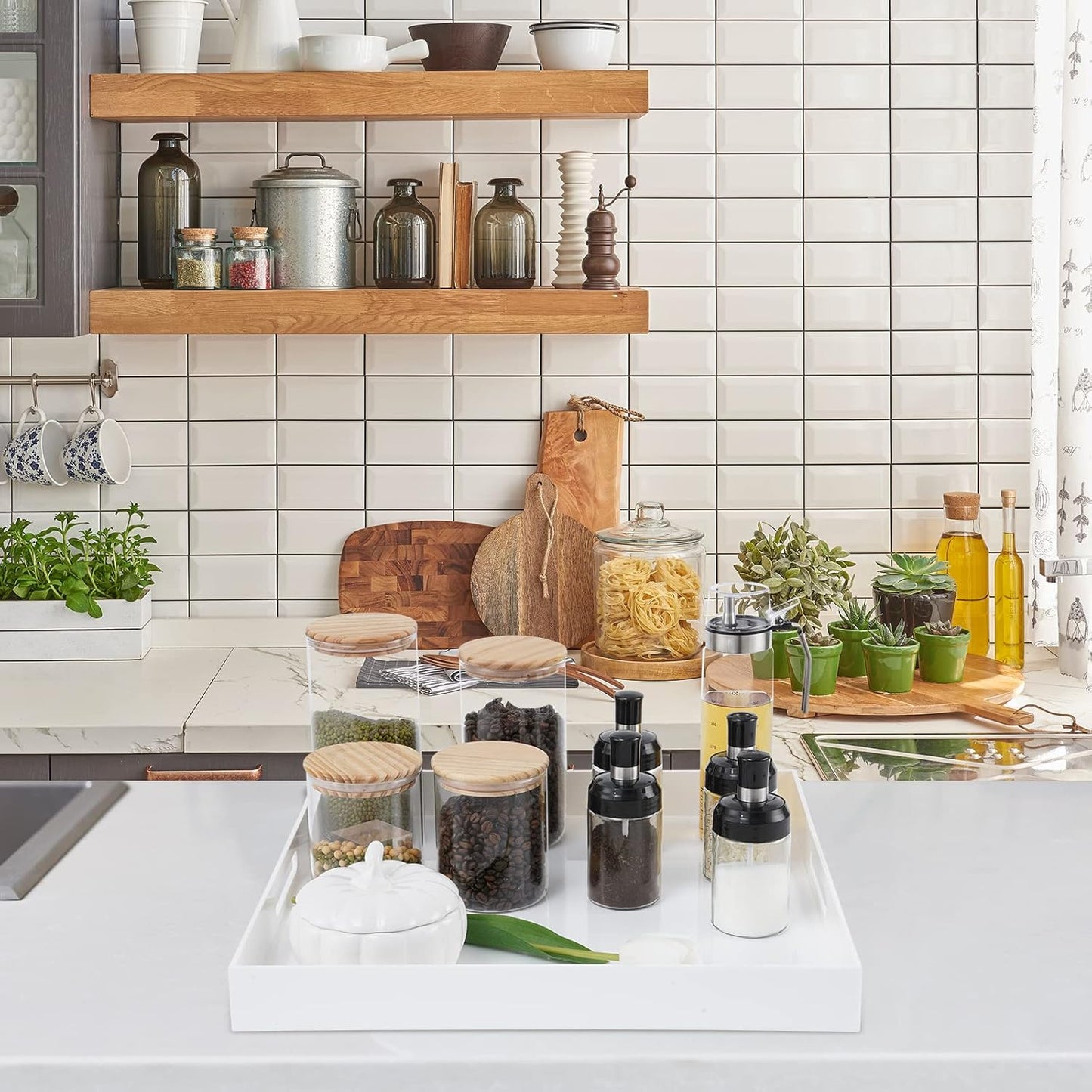 24×24 Inches Glossy White Acrylic Serving Tray with Handles Extra Large Ottoman Tray Decorative Trays Spill-Proof Coffee Table Space Saver Oversize Counter top Organizer Platter with Safe Edge