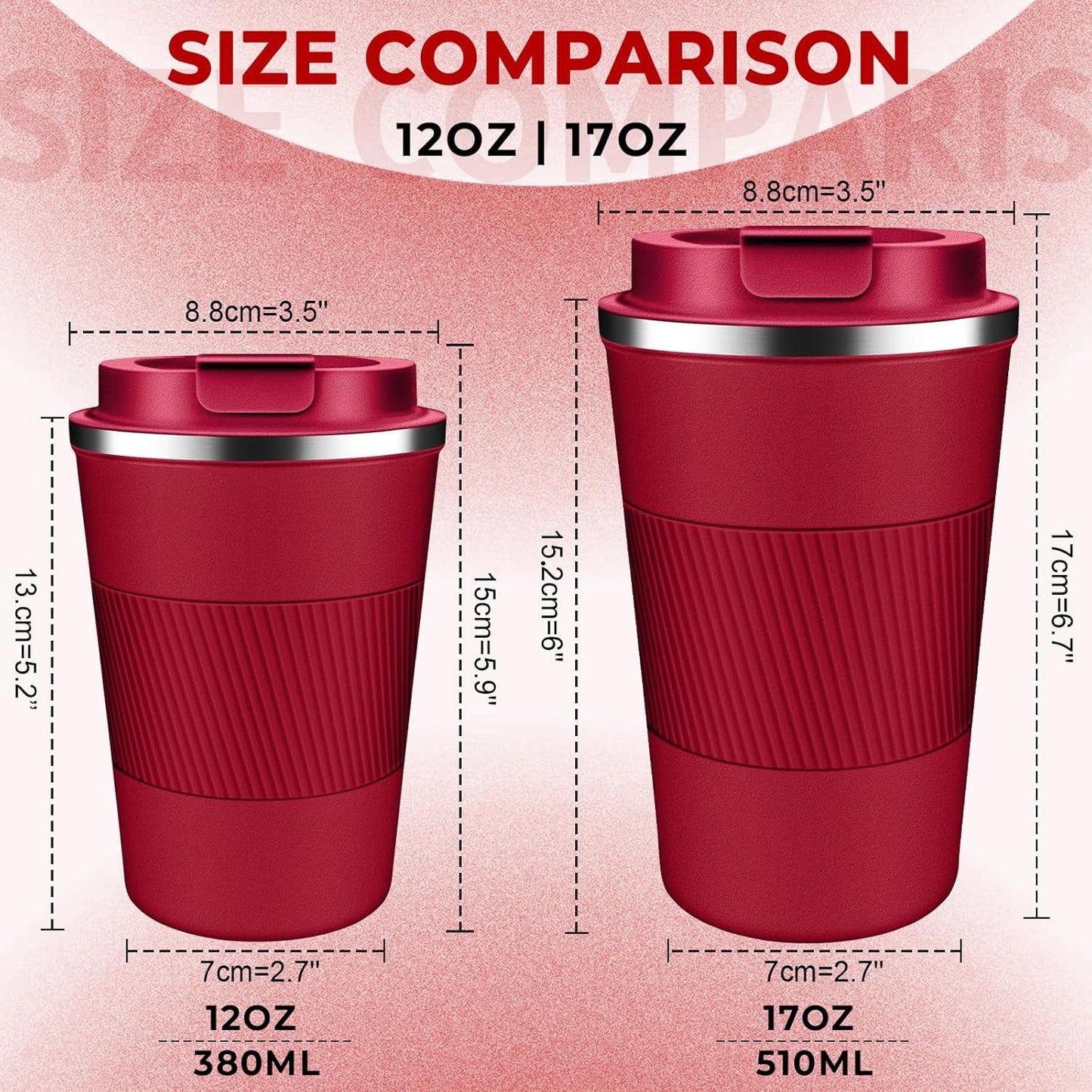Insulated Coffee Tumbler 12 oz, Stainless Steel Coffee Mug with Lids, Travel Coffee Mug Leak Proof, Double Wall Vacuum Insulated Reusable Coffee Cup, Keep Drinks Hot and Cold (Red, 12 Ounces)