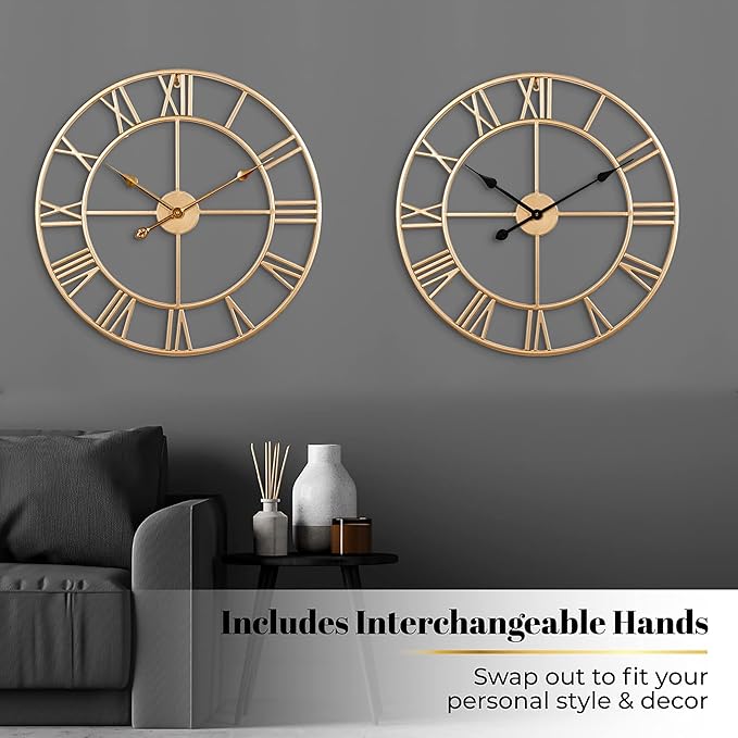 CLXEAST Champagne Gold Metal Wall Clock, Large Roman Numeral 24 Inch Wall Clocks - Image 4