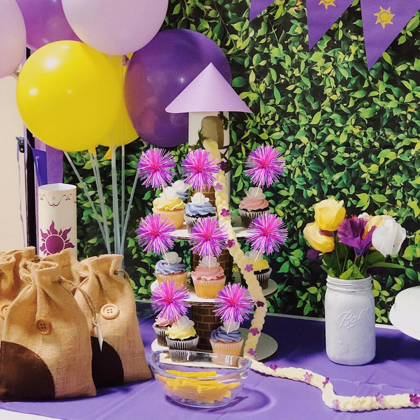 30 PCS Foil Firework Cupcake Toppers Happy Birthday Cupcake Toppers Sparkle Tinsel Flower Drink Stirrers Cocktail Fruit Toothpicks for Valentine's Day Baby Shower Party Cake Decor Supplies Rose Red