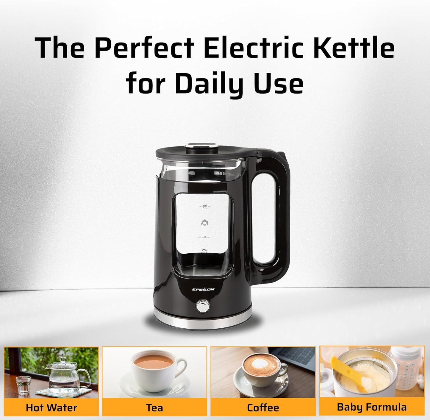 Epsilon 1.7L Glass Electric Kettle – Hot Water Tea Kettle with LED Light, Stainless Steel & Borosilicate Glass, Auto Shut-Off, BPA-Free Electric Teapot, 1500W Fast Boil, Cool Touch