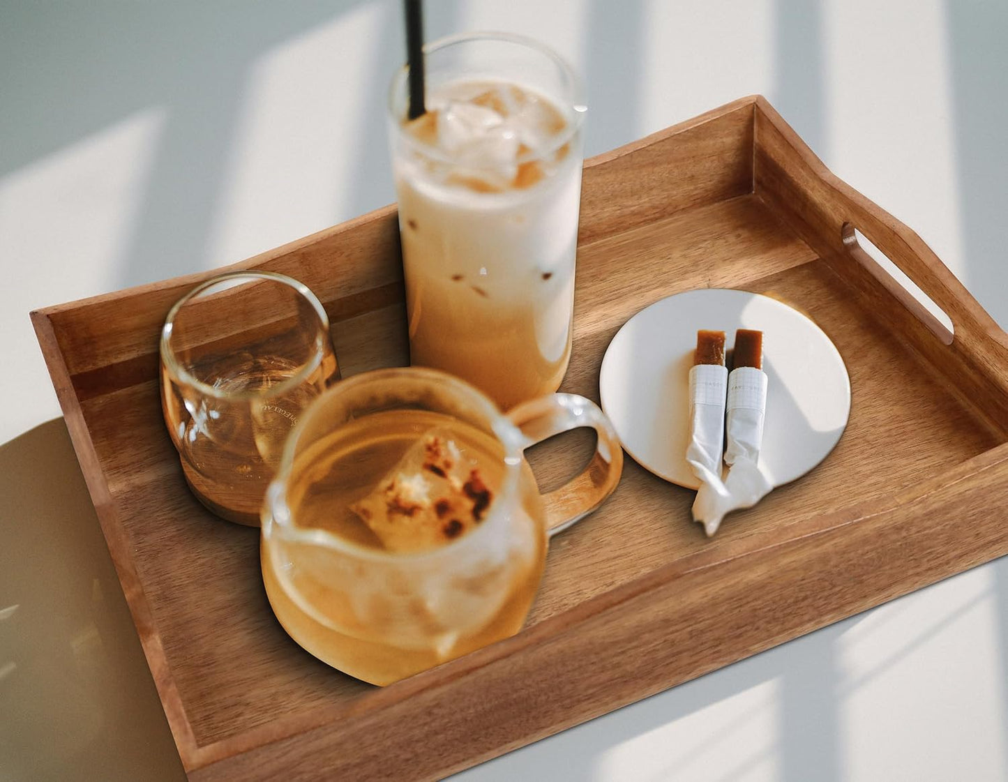 Acacia Wood Serving Tray with Handles,16.5x12.6inch Perfect for Breakfast, Lunch, Dinner, Food Snacks Drinks for Coffee Table,Decorative Ottoman Tray for Living Room Kitchen, Bedroom