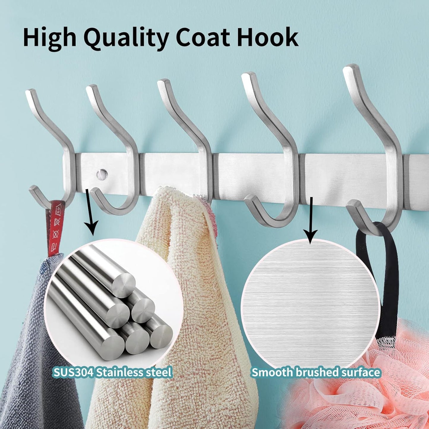Wall Hooks Heavy Duty, 17 Inch Coat Rack Wall Mount with 6 Hooks, Silver Wall Hooks for Hanging Backpack, Bag, Purse, Clothes, Hat, Coat, Towel | Entryway & Bathroom Storage Organization Hanger