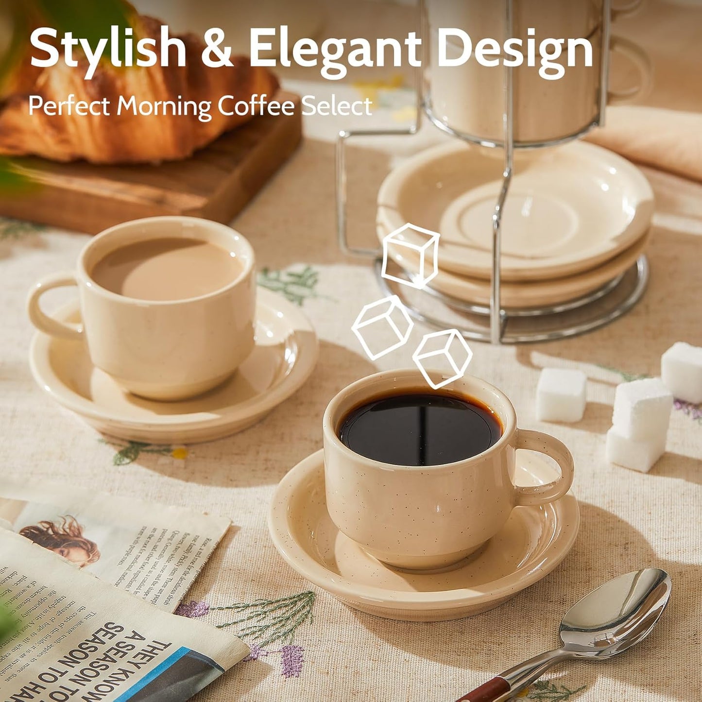 Sweese Porcelain Espresso Cups Set, 2.5 oz, Stackable with Saucers Metal Stand, Beige, 4 Pack