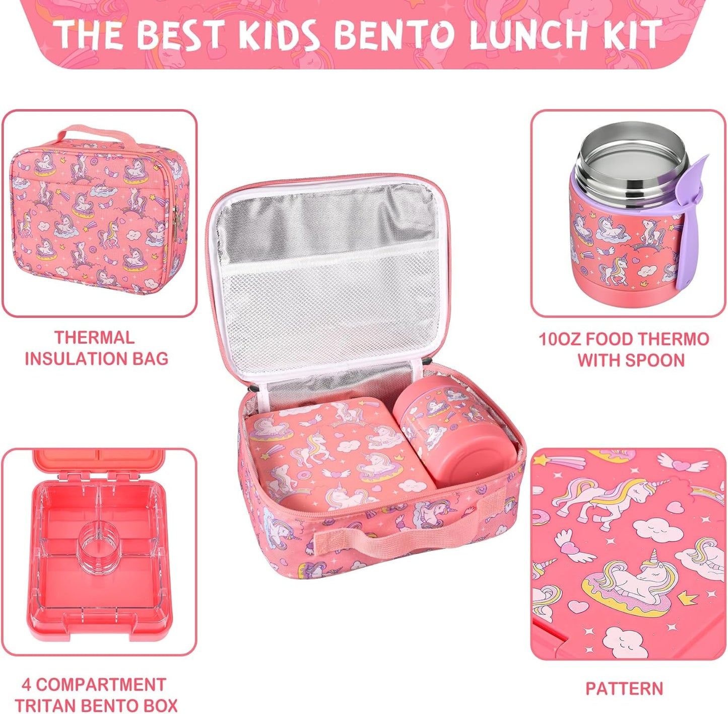 Bento Lunch Box Set With 10oz Soup Thermo, Leak-proof Lunch Containers with 4 Compartment, Kids Hot Thermo Food Jar/Insulation Lunch Bag, Food Containers for School
