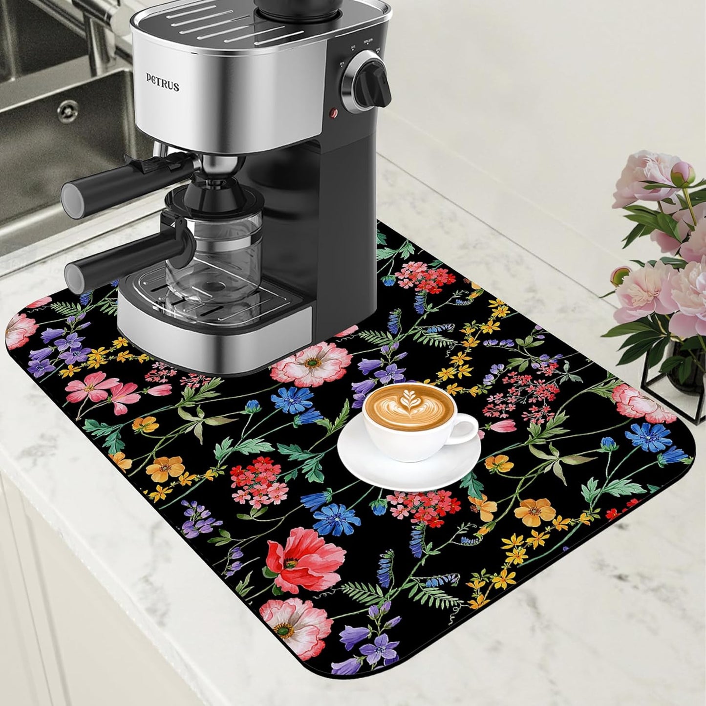 Beautiful Flowers Dish Drying Mat for Kitchen Counter Coffee Bar Mat Hide Stain Absorbent Rubber Backed Coffee Mat Coffee Maker Espresso Machine Coffee Bar Accessories 11.8 x 19.7 Inch