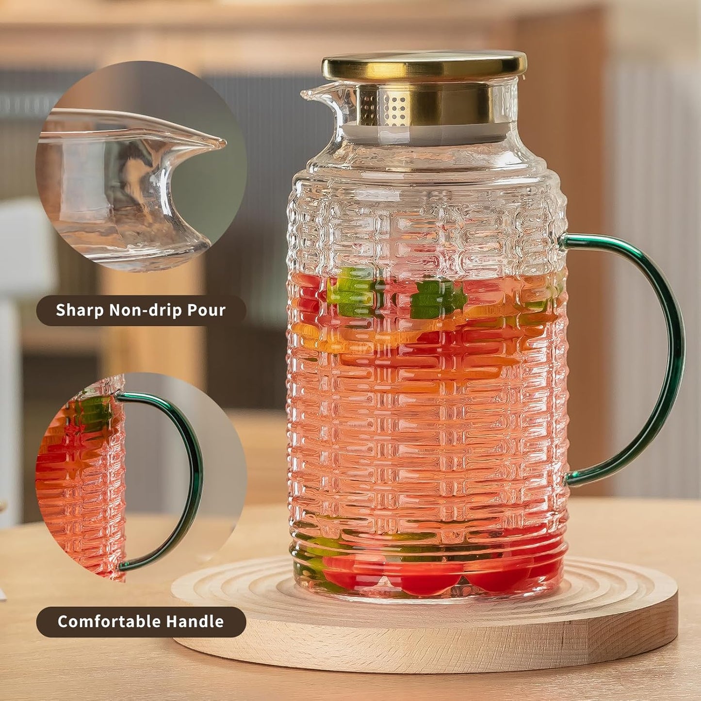 Glass Pitcher with Lid, 68 oz/2 Liter Vintage Water Pitcher, Clear Borosilicate Glass Water Carafe for Cold Brew, Coffee, Lemonade, Iced Tea,Beverage, Heat Resistant Water Glass Jug