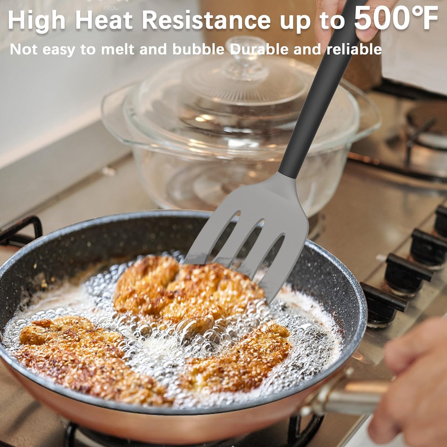 Coukre Silicone Spatula Set of 3, High Heat Resistant, BPA-Free, Kitchen Utensils, Fish Spatula, Solid & Slotted Turner for Non-Stick Pans, Flipping Eggs, Pancakes, Fish, Burgers (3, Gray)