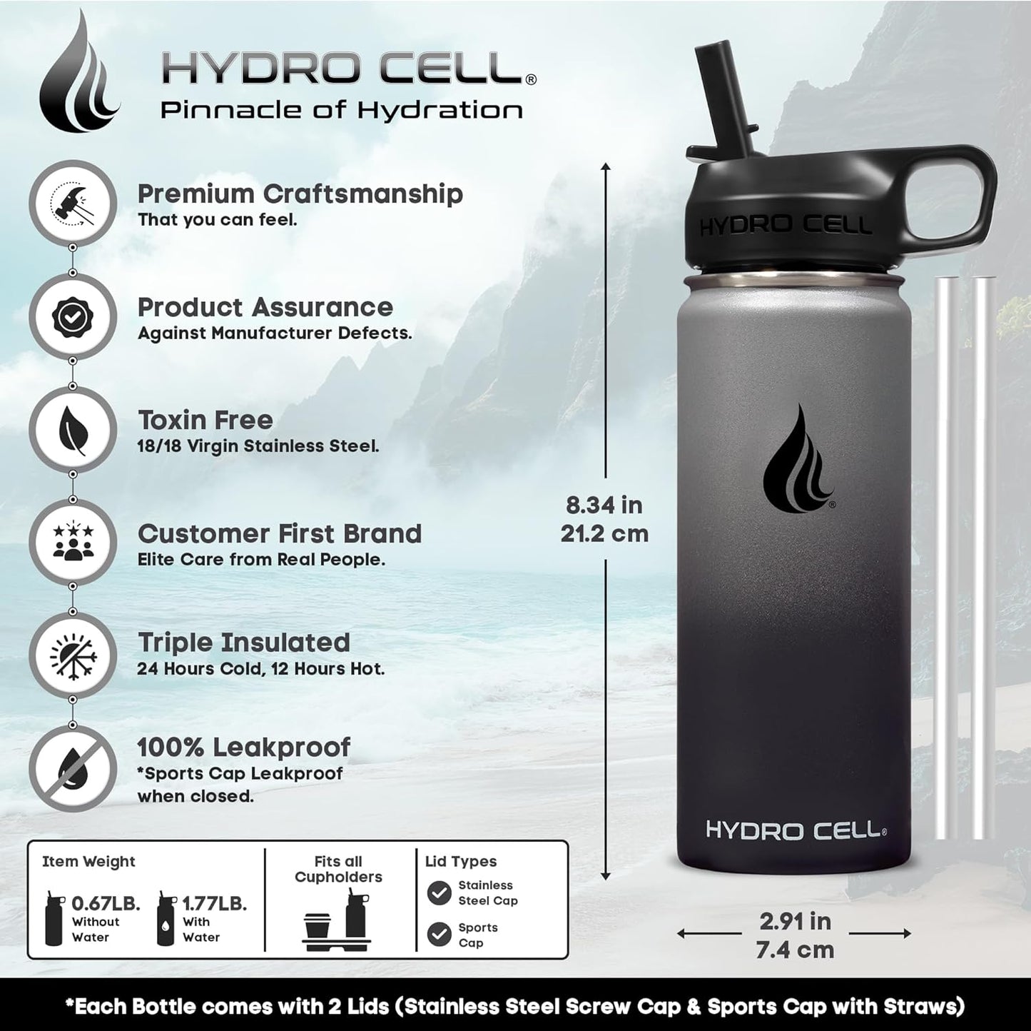 HYDRO CELL Stainless Steel Insulated Water Bottle with Straw - For Cold & Hot Drinks - Metal Vacuum Flask with Screw Cap and Modern Leakproof Sport Thermos for Adults (Graphite/Black 18oz)