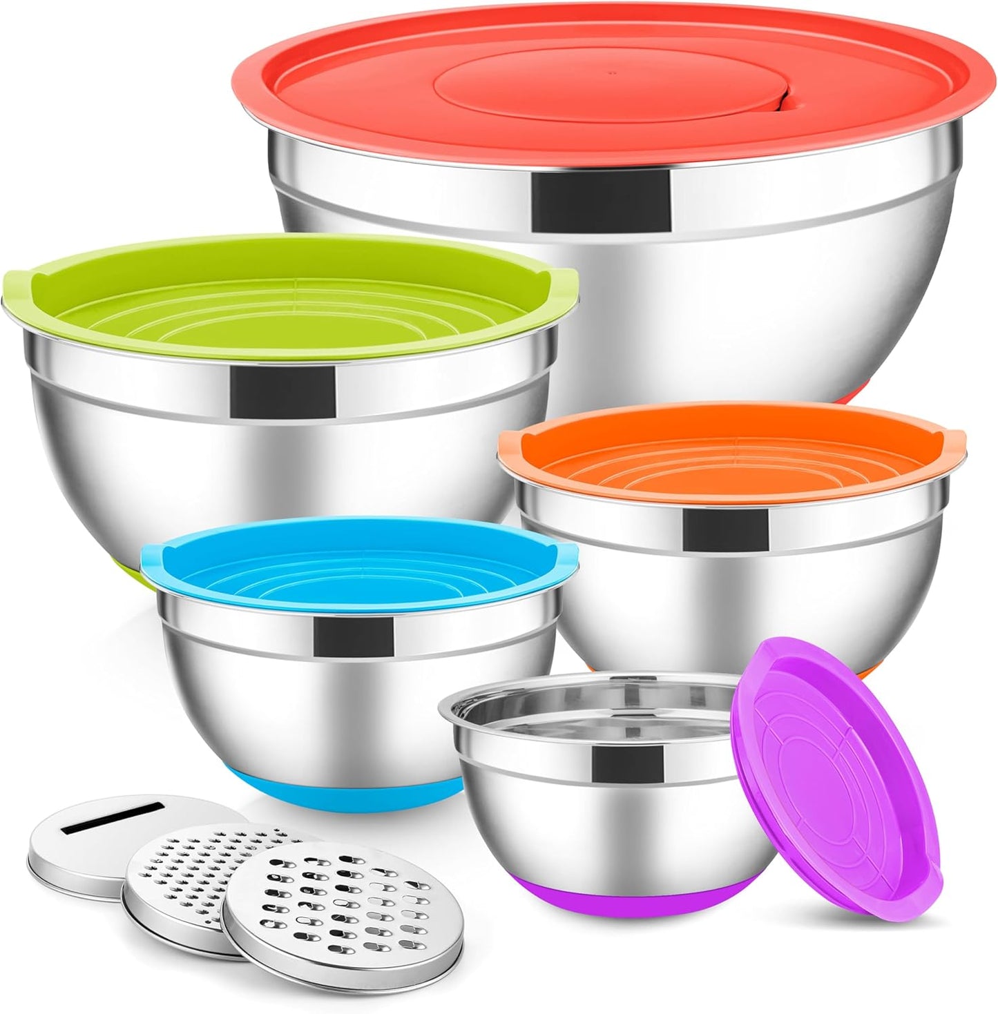 E-far Stainless Steel Mixing Bowls with Lids Set, 5-Piece Nesting Salad Bowls with 3 Grater Attachments and Non-Slip Bottoms, Size 4.6, 2.6, 2, 1.5, 1QT for Kitchen (Colorful)