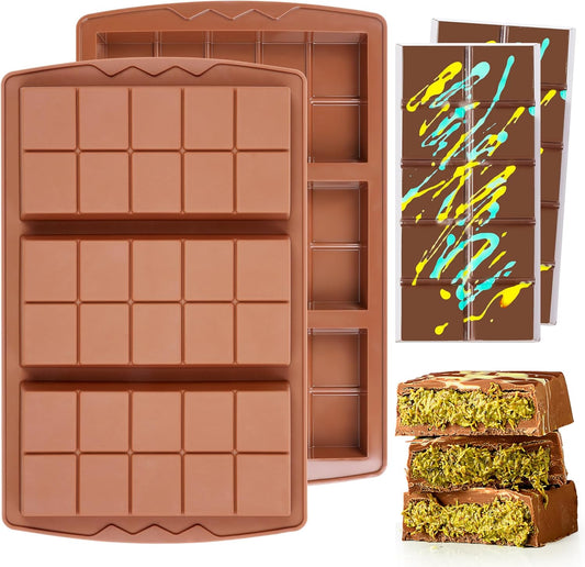2 Pcs Dubai Chocolate Bar Mold Deep Stuffed Silicone Molds for Filling Knafeh Pistachio Chocolate Bar Large Thick Candy Bar Molds Break Apart (10 Snap）