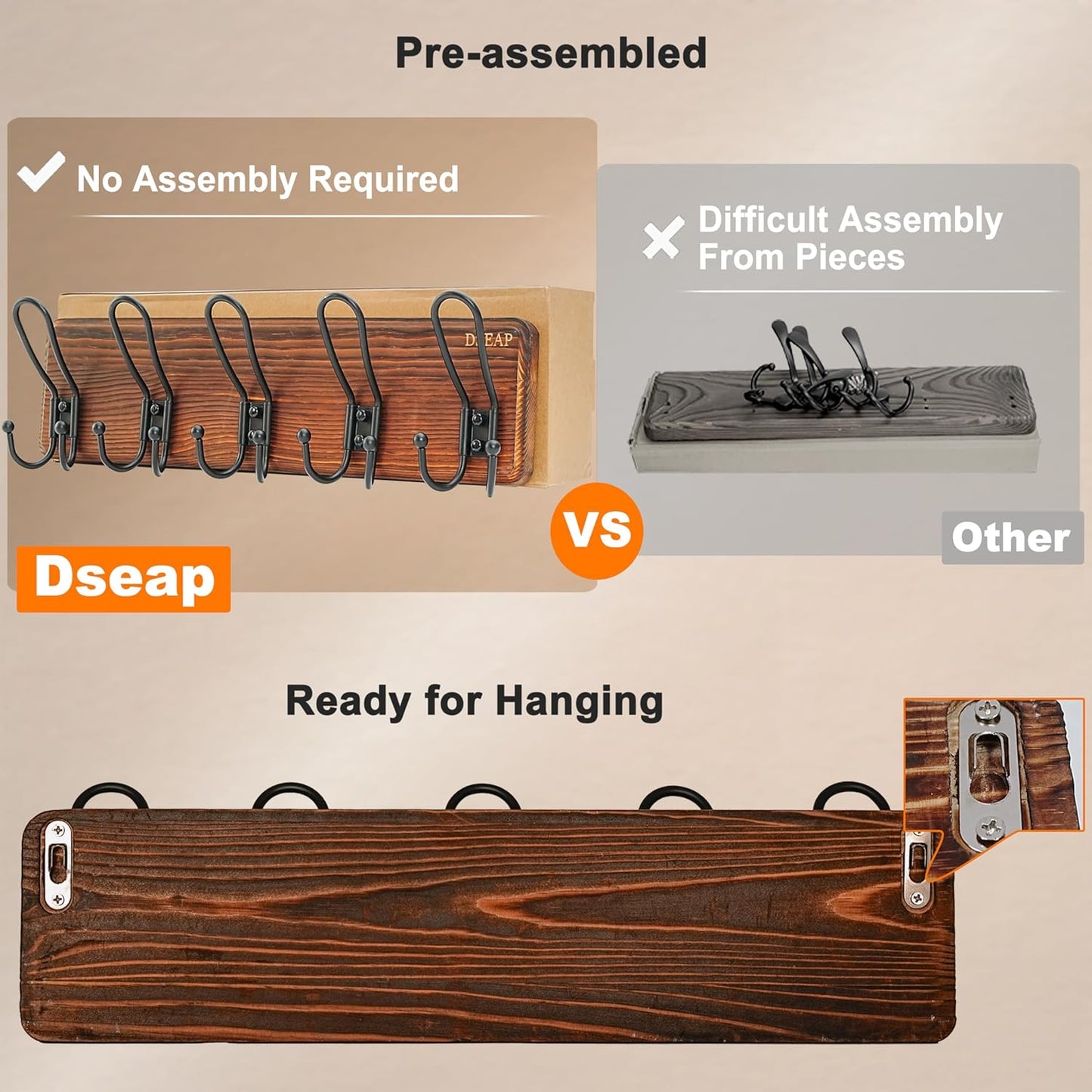 Dseap Coat Rack Wall Mounted - Heavy Duty Farmhouse Rustic Wall Coat Hanger with 5 Wire Hooks for Clothes Hat Jacket Towel, RusticWire, J1-5A, Black